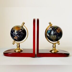 Vintage Gemstone Lapis Blue Globe Bookends | Semi-Precious Stone Inlay